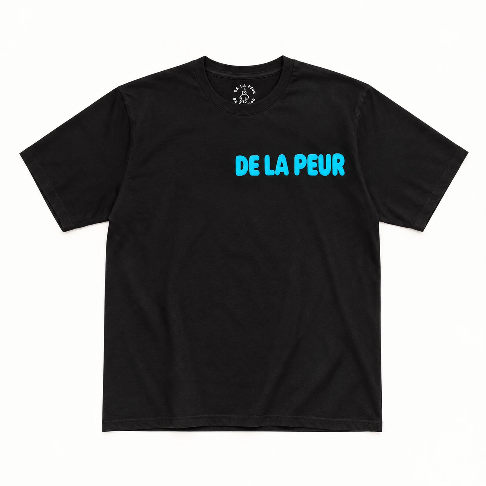 Brand Name Black Tee, front view: black heavyweight tee with the DE LA PEUR wordmark printed across the chest