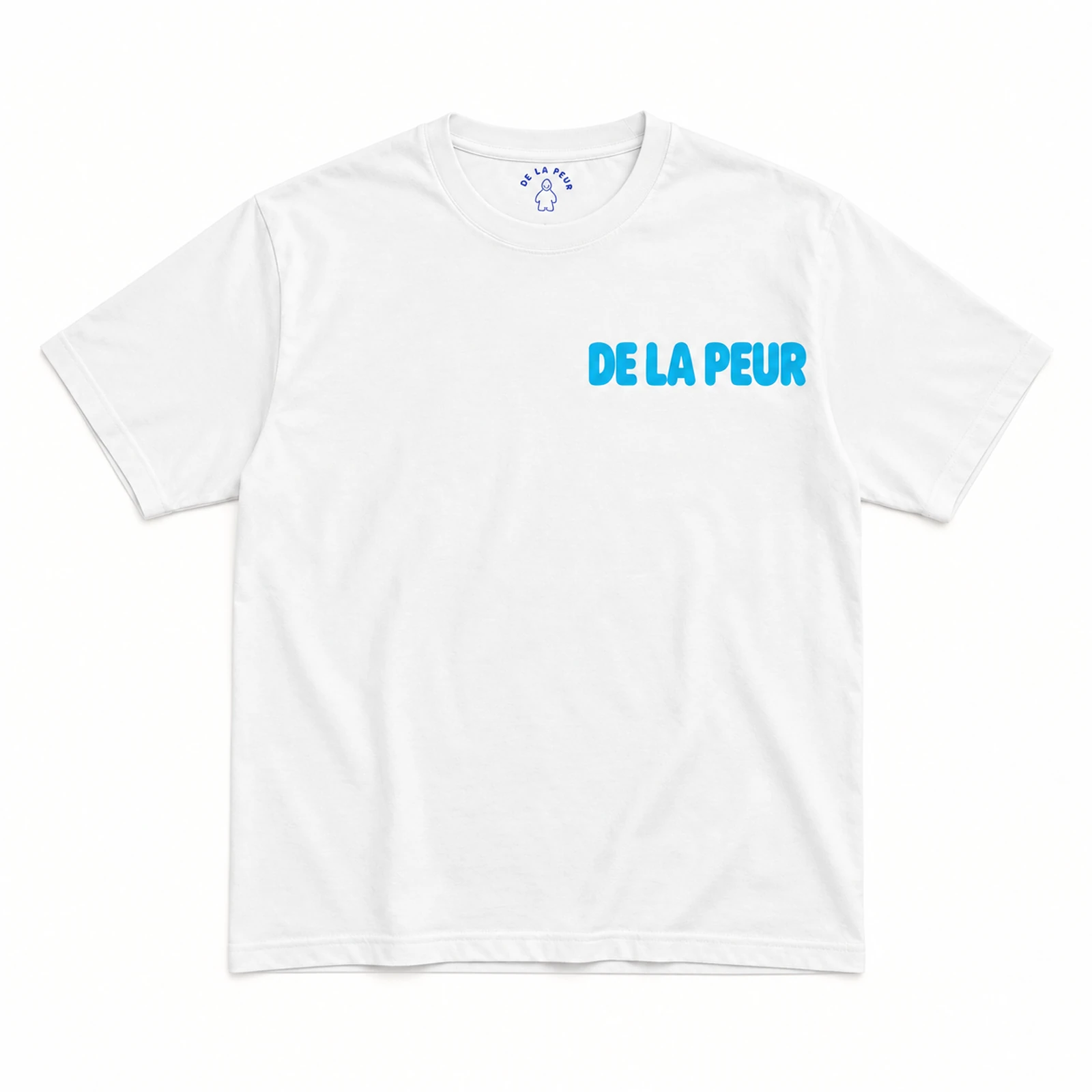 Brand Name White Tee, front view: white heavyweight tee with the DE LA PEUR wordmark printed across the chest